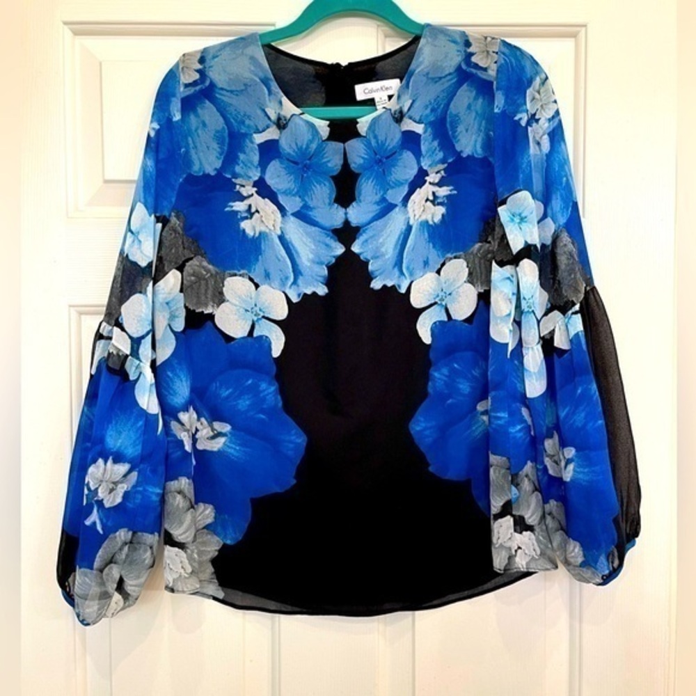 Calvin Klein Black Gray Blue Floral Lined Balloon Sleeve Top Size Small
